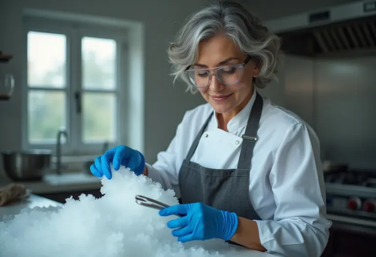 Mulher manuseando gelo seco com segurança