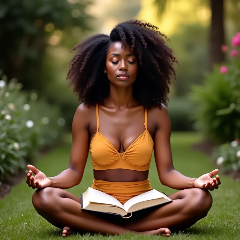 Mulher meditando com um livro no colo em um jardim tranquilo