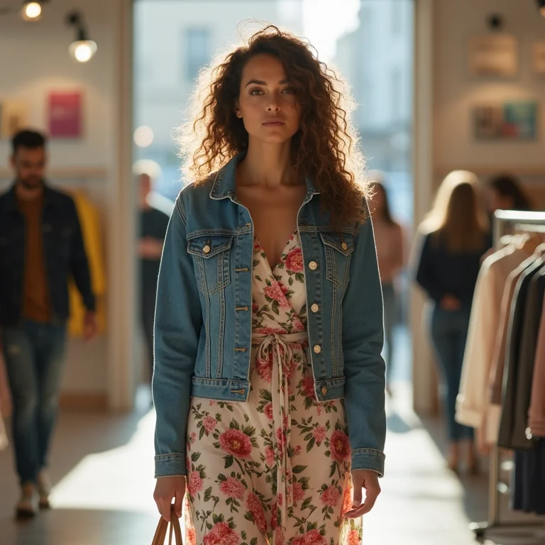 Mulher midsize com vestido floral e jaqueta jeans em loja de departamento