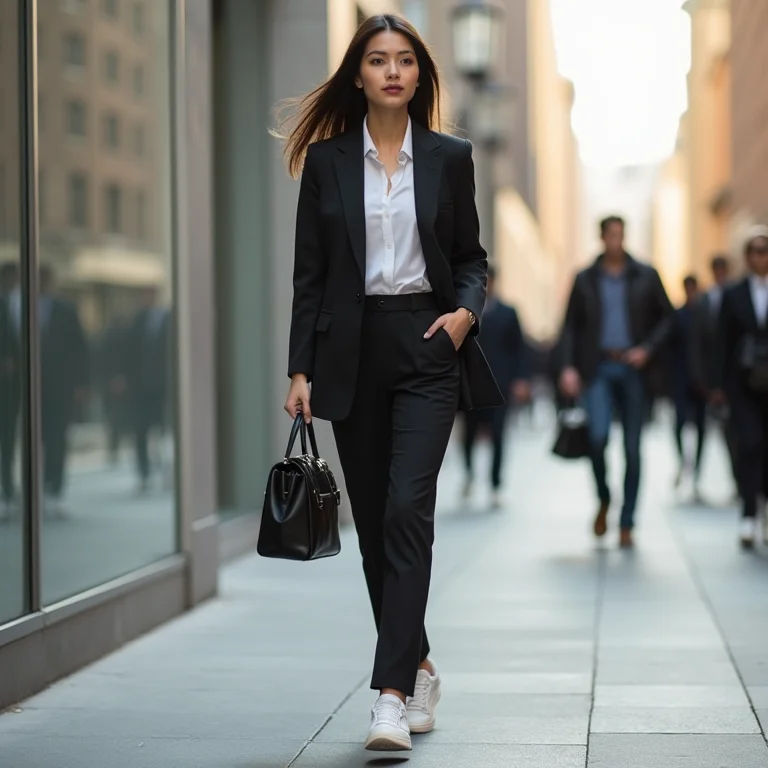 Mulher moderna usando power suit e tênis para o trabalho
