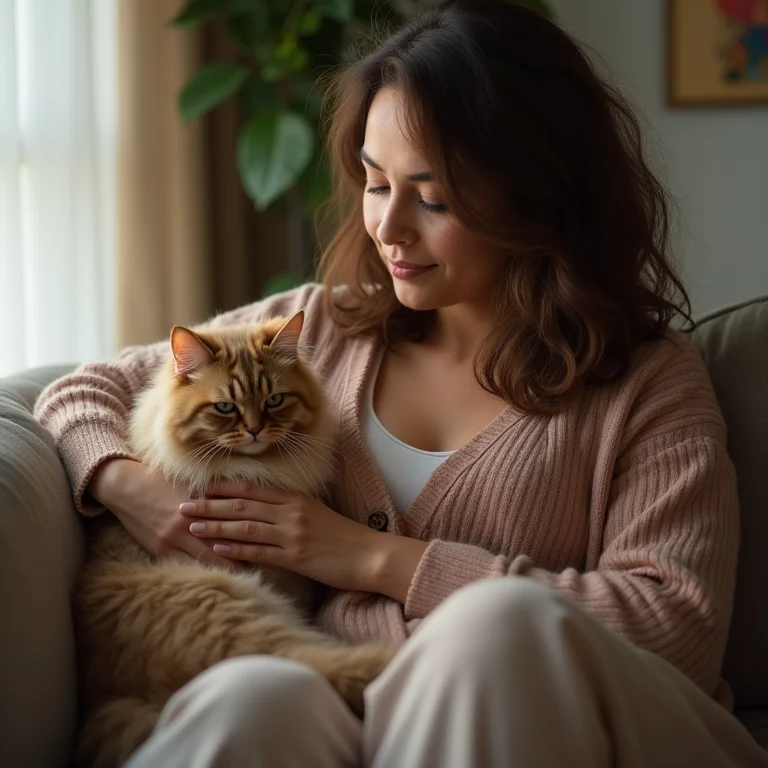 Mulher morena afagando seu gato persa