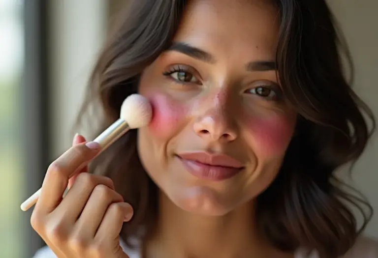 Mulher morena aplicando blush em suas bochechas.