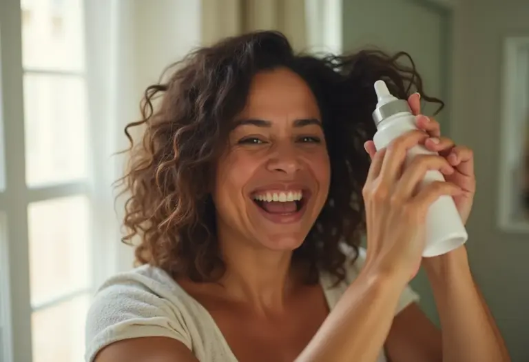 Mulher morena aplicando reparador de pontas no cabelo.