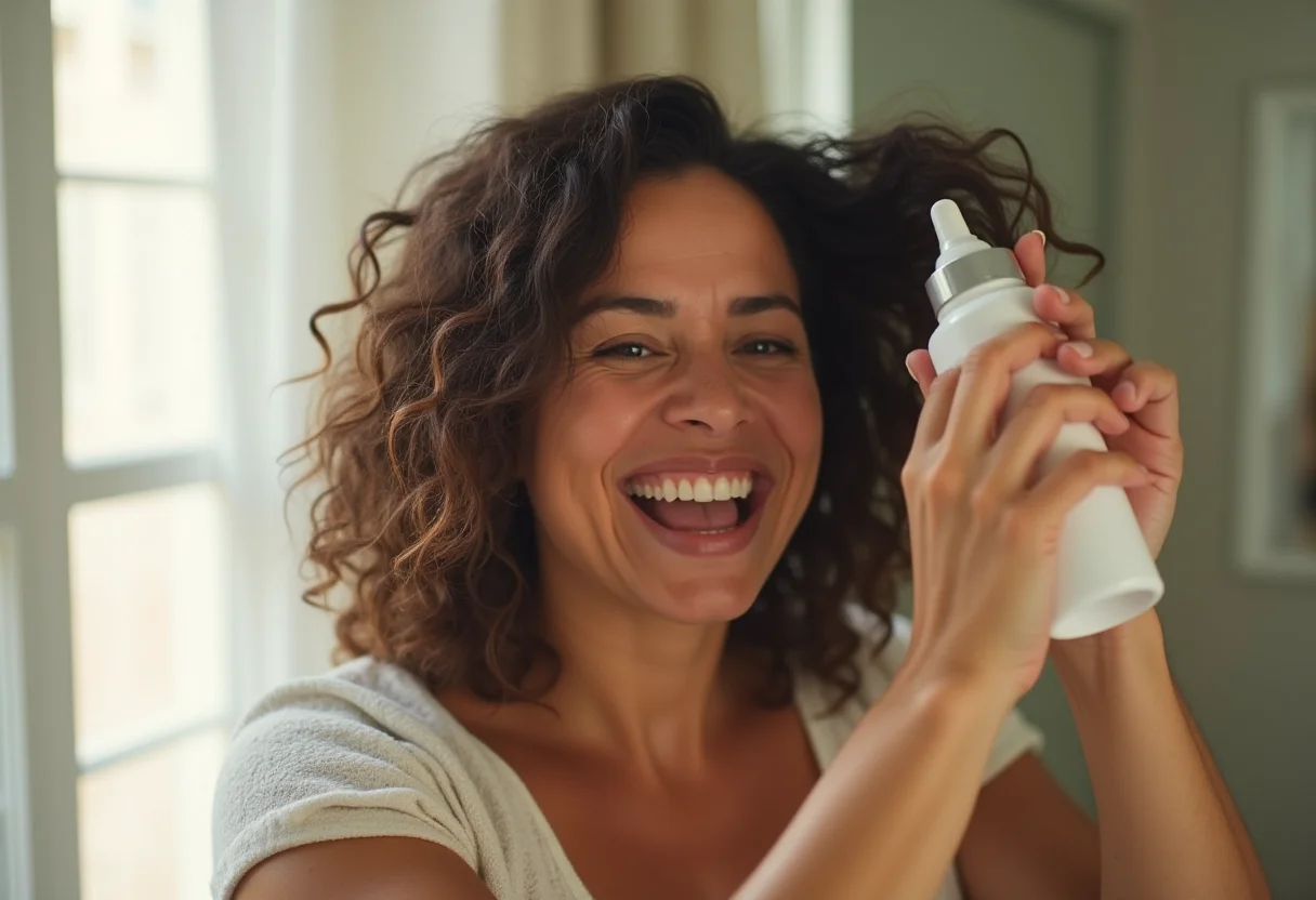 Reparador de pontas: o segredo para um cabelo impecável em segundos Mulher morena aplicando reparador de pontas no cabelo.