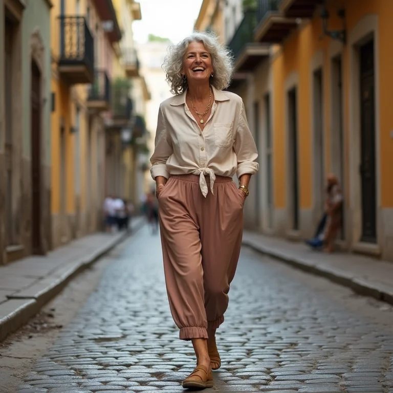 Mulher morena caminhando confortavelmente na serra com calça estilosa
