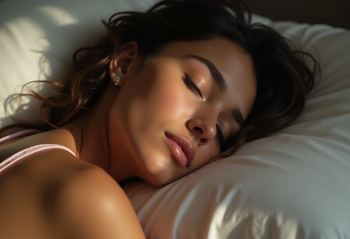 Sono da Beleza: O segredo que as famosas escondem (e você não) Mulher morena dormindo tranquilamente em lençóis de seda