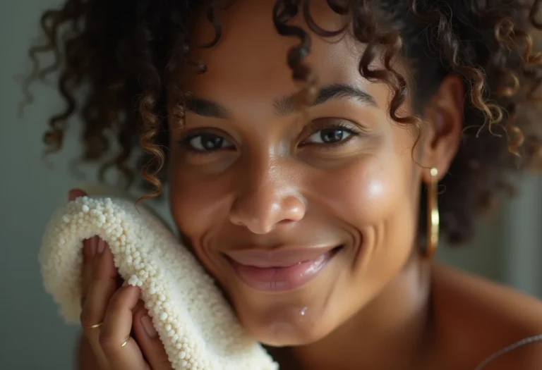 Mulher morena lavando o rosto com pano de algodão.