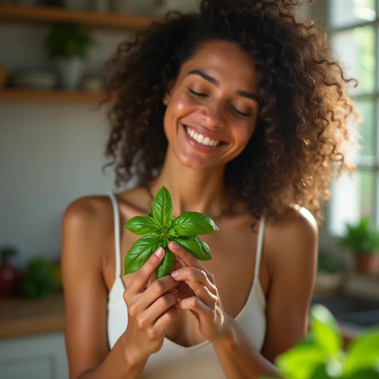 Mulher morena manuseando manjericão na cozinha