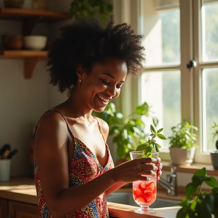 Mulher negra adicionando manjericão e morango à água
