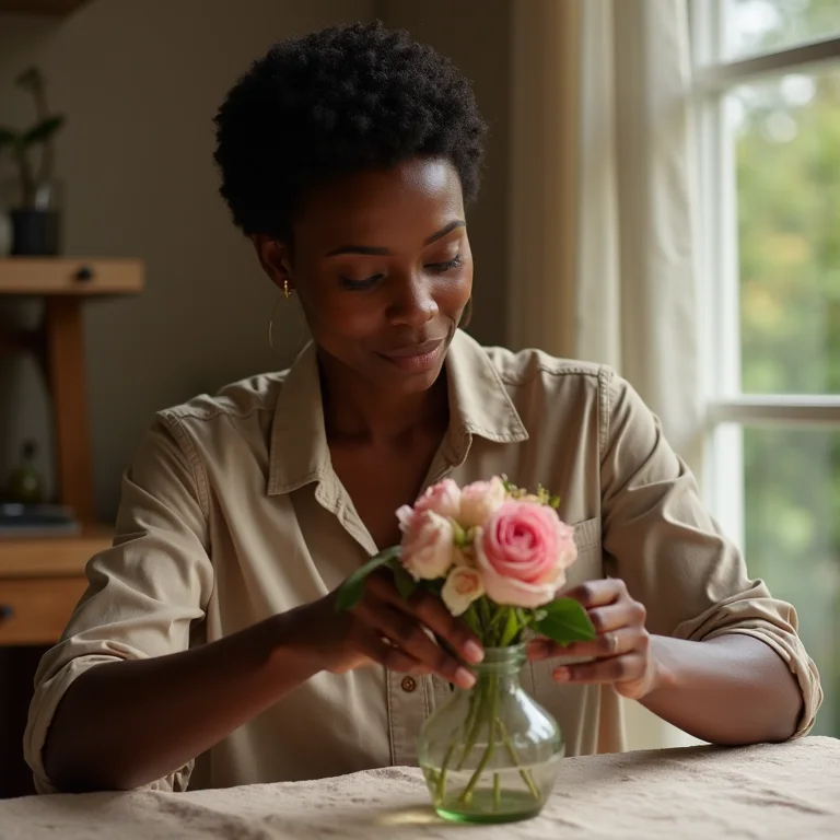 Mulher negra ajustando centro de mesa