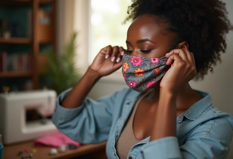 Mulher negra ajustando máscara de tecido charmosa e reutilizável