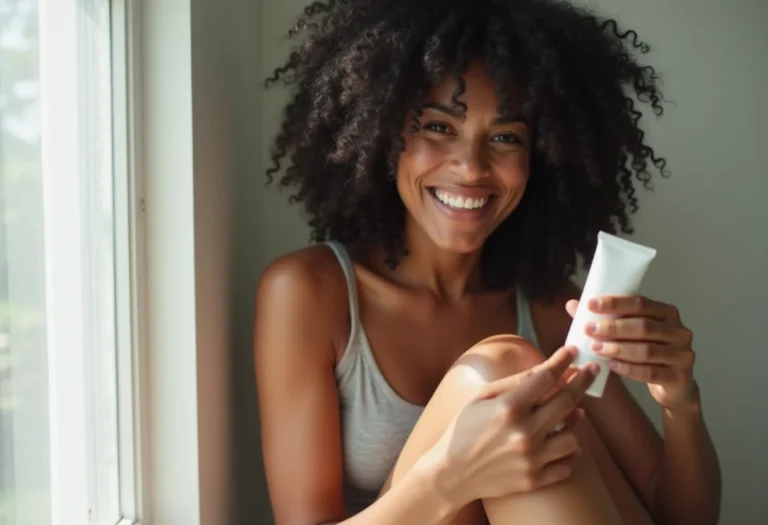 Mulher negra aplicando autobronzeador na perna