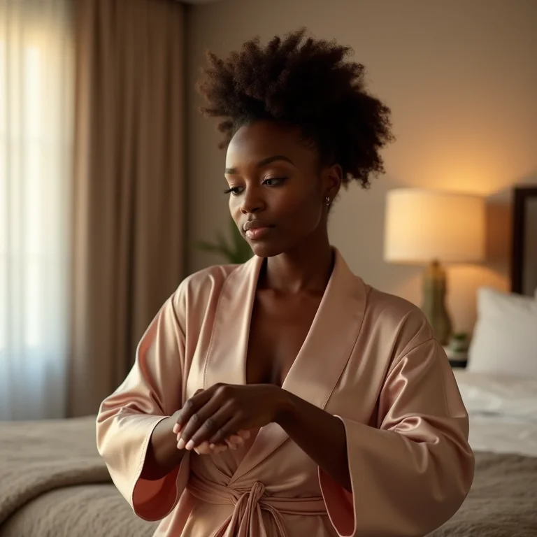 Mulher negra aplicando óleo essencial de Ylang Ylang