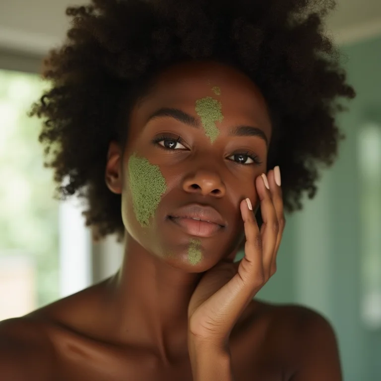 Mulher negra aplicando tônico facial de urtiga para pele e cabelo saudáveis