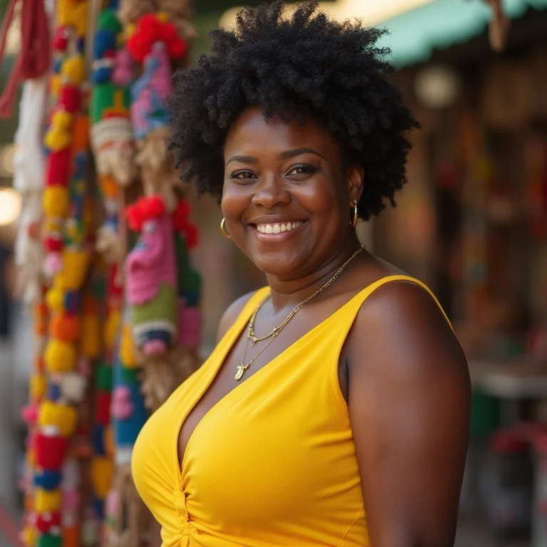 Mulher negra apreciando o artesanato local no Centro Histórico de Murici.