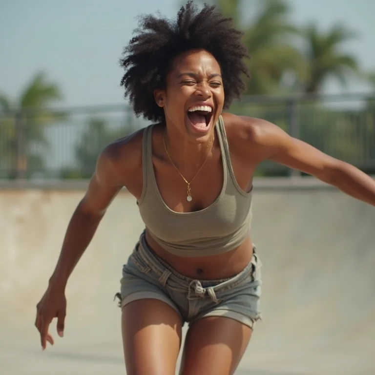 Mulher negra aprendendo a andar de skate