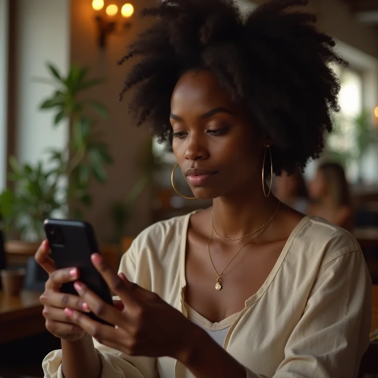 Mulher negra assistindo vídeo longo no TikTok em cafeteria.