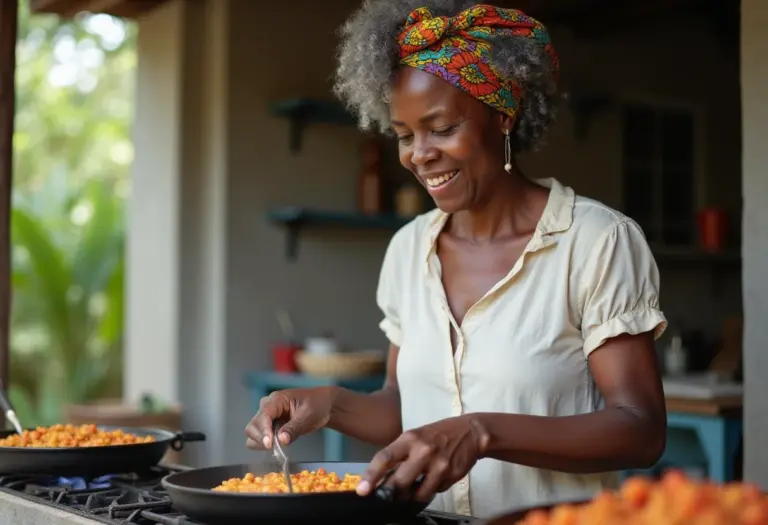 Mulher negra baiana fritando acarajé em panela de ferro