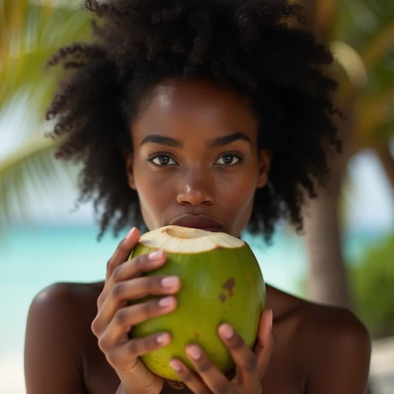 Mulher negra bebendo água de coco na praia