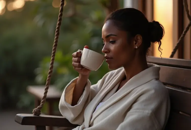 Mulher negra bebendo chá de sabugueiro ao entardecer.