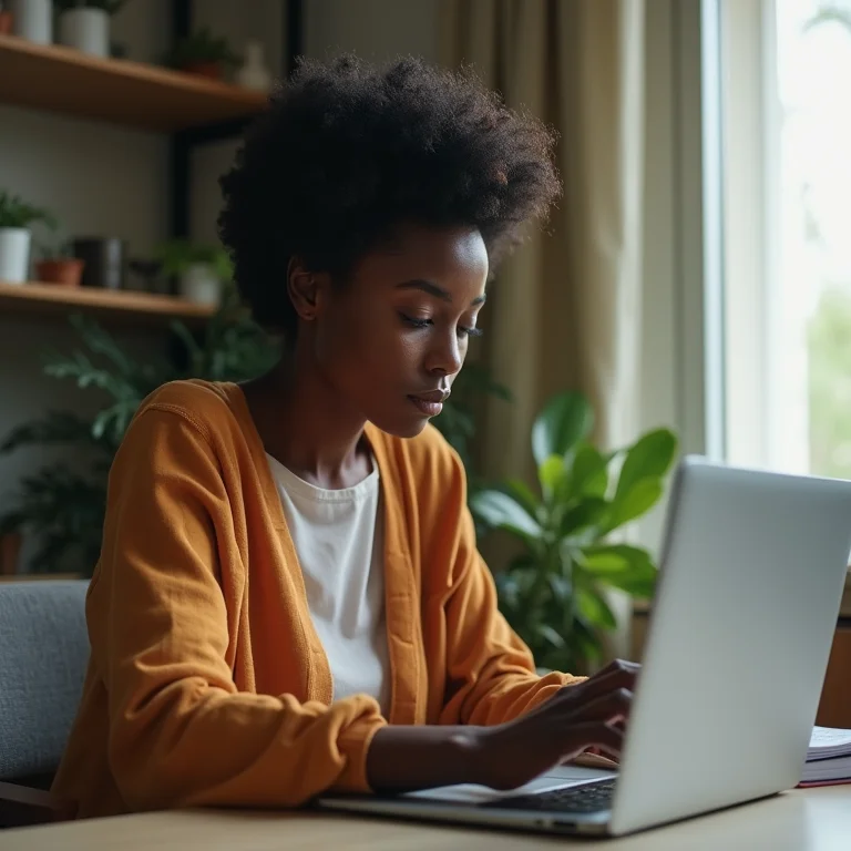 Mulher negra brasileira checando score de crédito no laptop.
