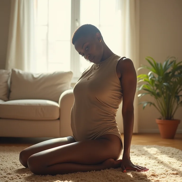 Mulher negra brasileira se alongando em sala de estar minimalista