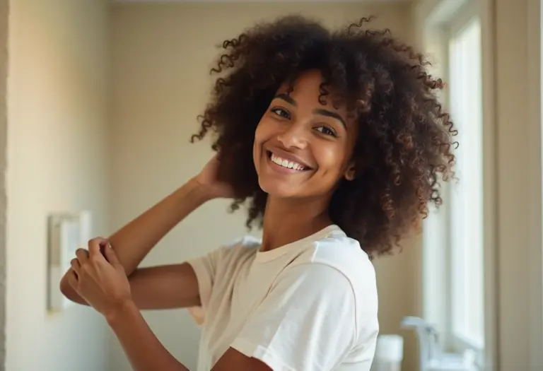 Mulher negra com cachos definidos fazendo plopping no cabelo