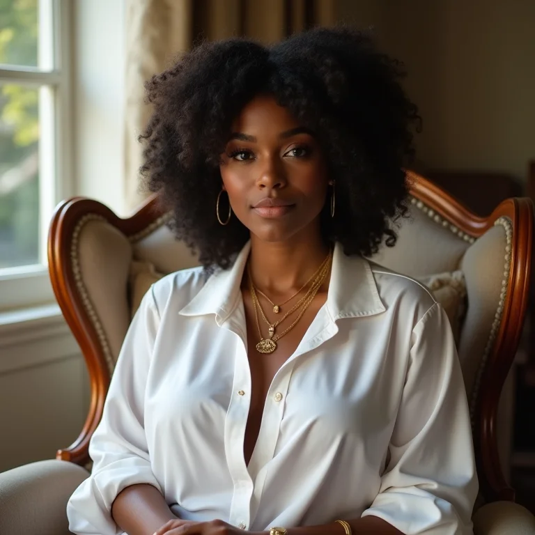 Mulher negra com camisa social branca de algodão egípcio e jóias douradas