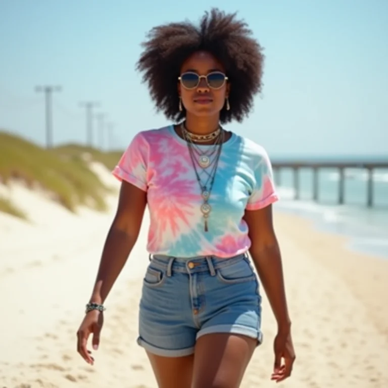 Mulher negra com camiseta tie-dye e shorts jeans em look casual de praia