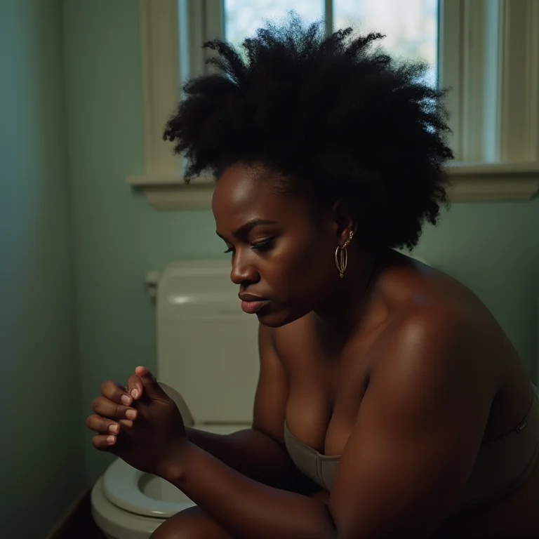 Mulher negra com expressão de esforço no banheiro.