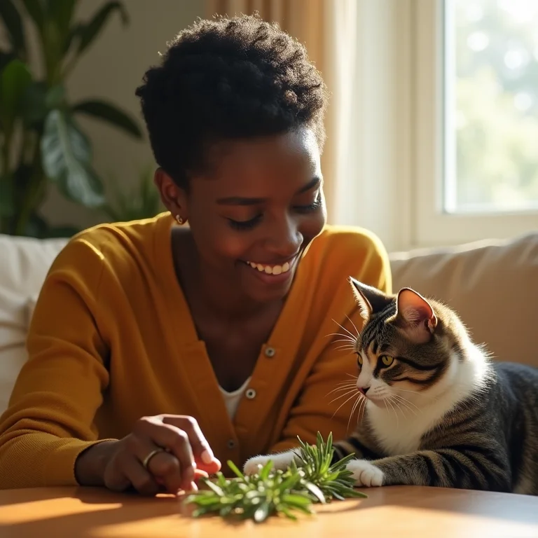 Mulher negra com gato cheirando alecrim