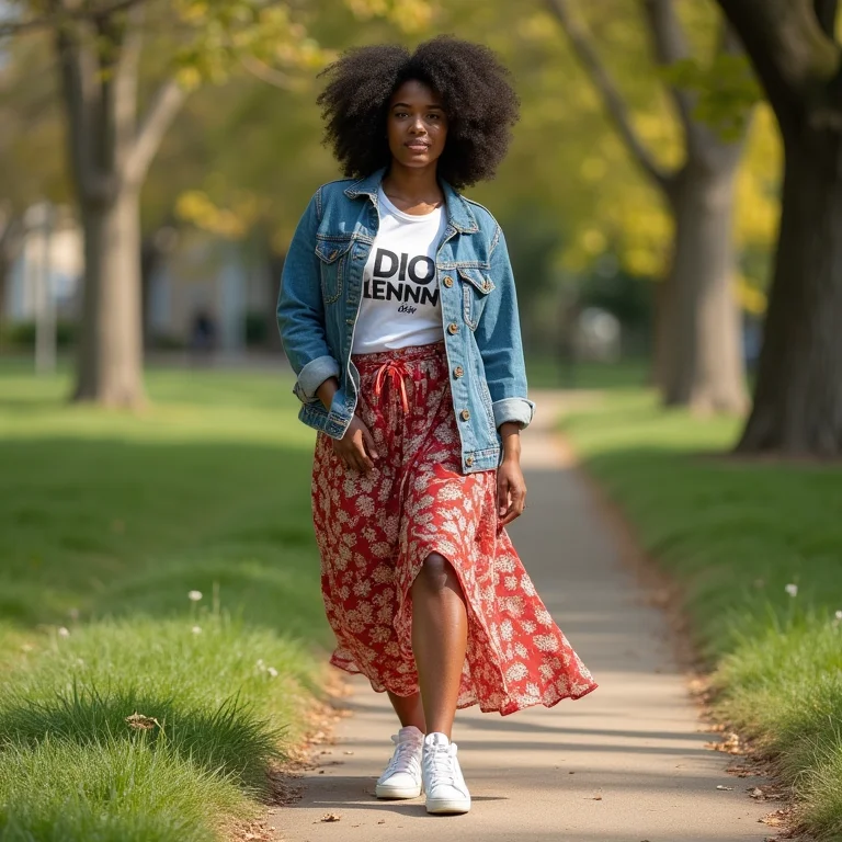 Mulher negra com jaqueta jeans, saia floral e tênis