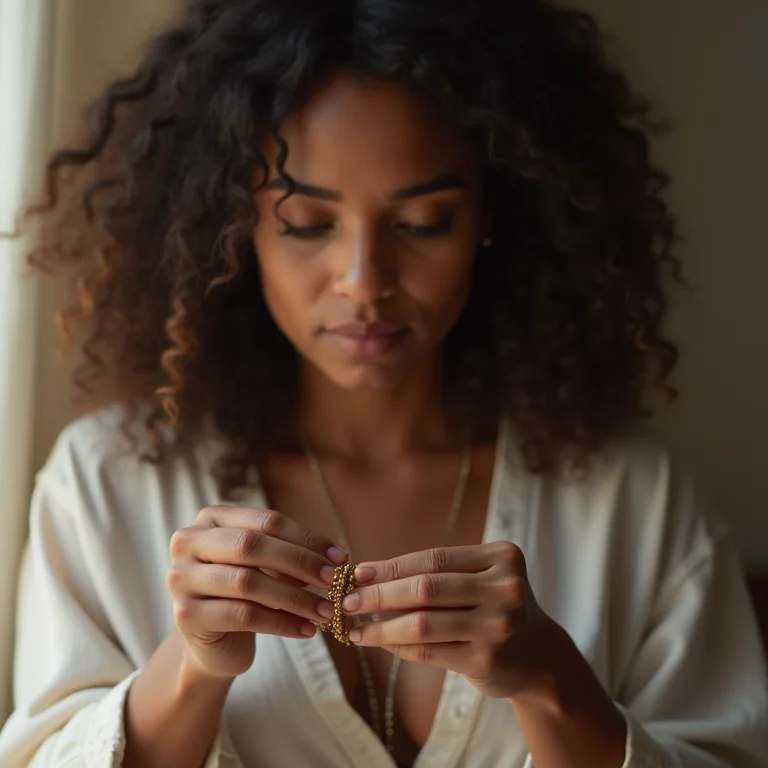 Mulher negra concentrada criando pulseira de miçangas