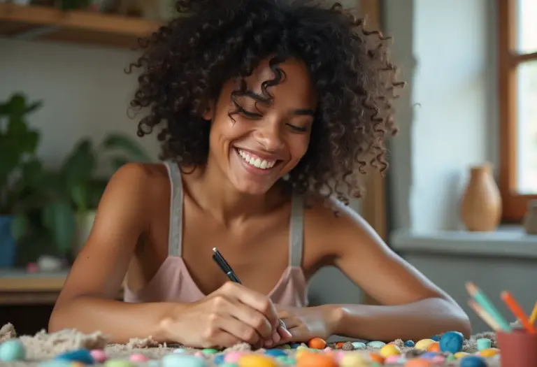 Mulher negra criando bijuterias de cerâmica plástica.