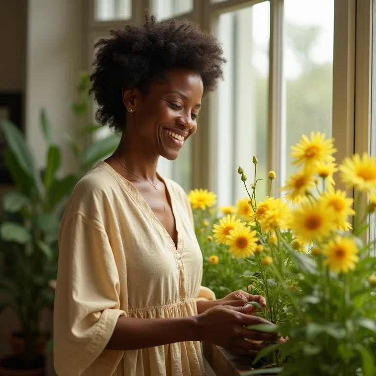 Mulher negra cuidando de seu jardim interno de mangaritos amarelos perto de uma janela ensolarada.