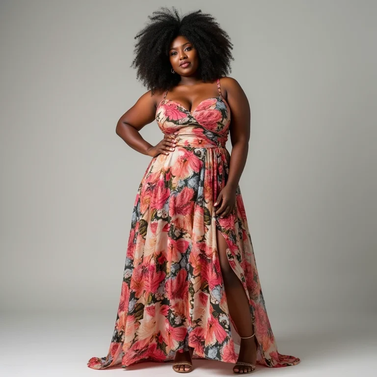Mulher negra curvy com vestido floral que valoriza suas curvas