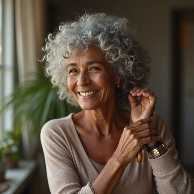 Mulher negra de cabelos grisalhos escovando os cabelos