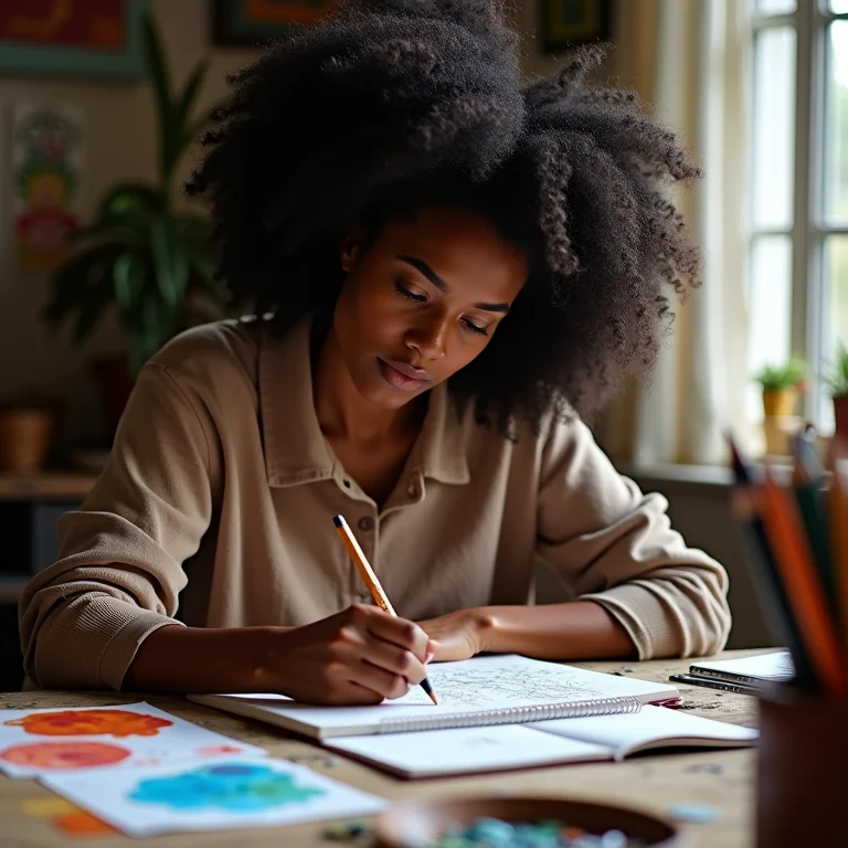 Mulher negra desenhando em um caderno, cercada por materiais de arte