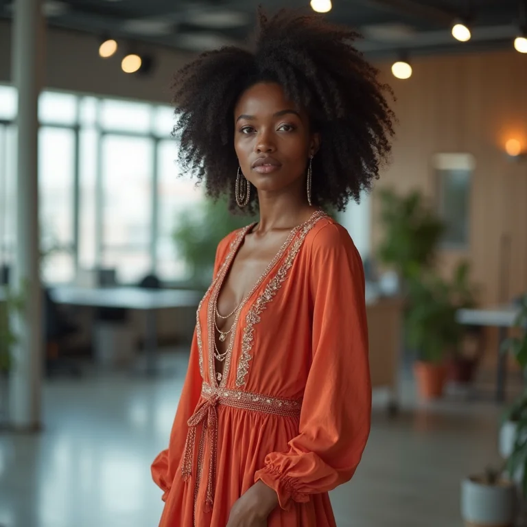 Mulher negra elegante usando vestido longo boho chic bordado em ambiente de escritório moderno
