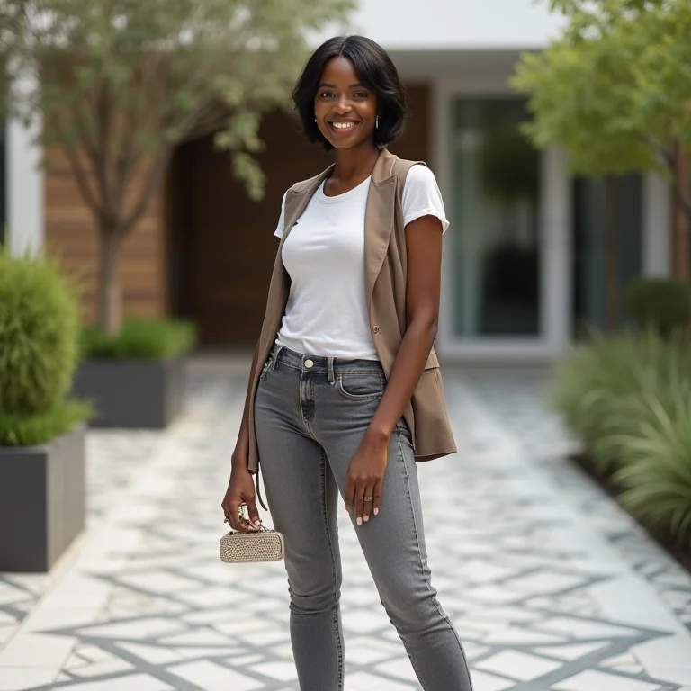 Mulher negra em um pátio moderno com revestimento geométrico.