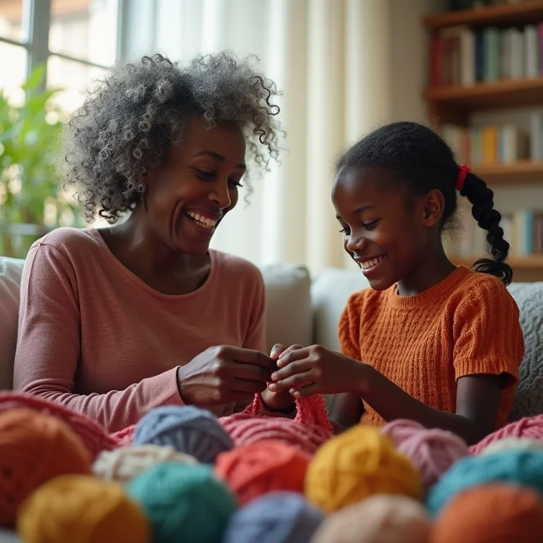 Mulher negra ensinando crochê para uma menina
