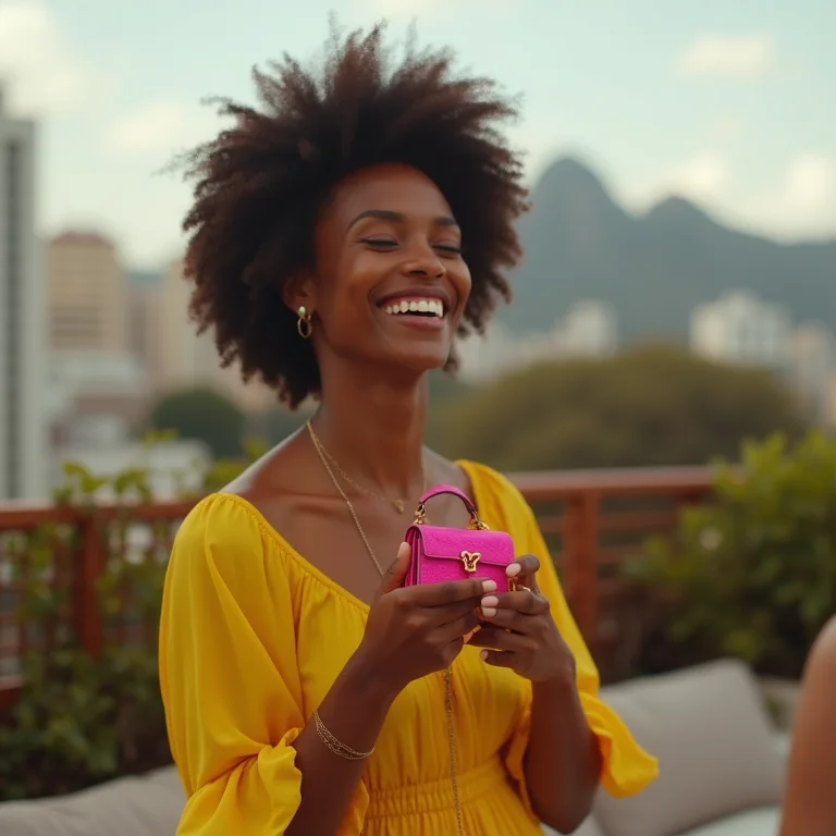 Mulher negra estilosa com mini bag rosa em festa no Rio de Janeiro.