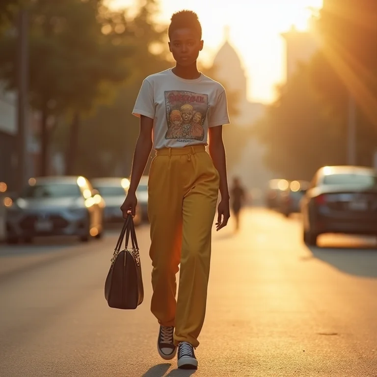 Mulher negra estilosa usando calça de cintura alta e tênis plataforma caminhando na rua