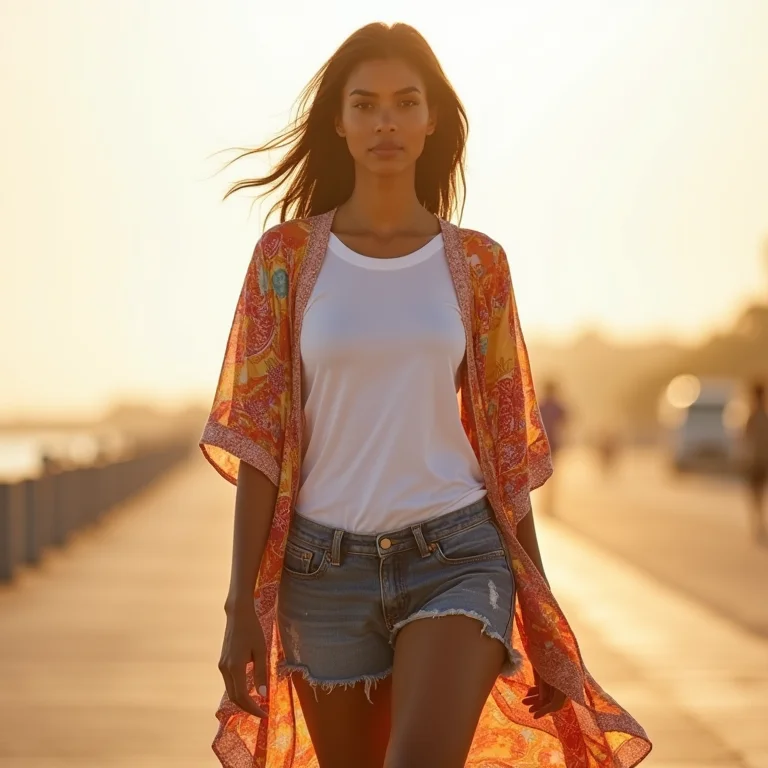 Mulher negra estilosa usando camiseta branca, shorts jeans e kimono estampado na praia