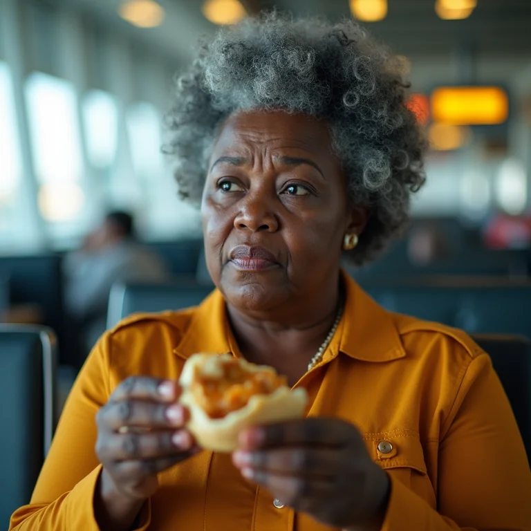 Mulher negra frustrada com a comida do aeroporto