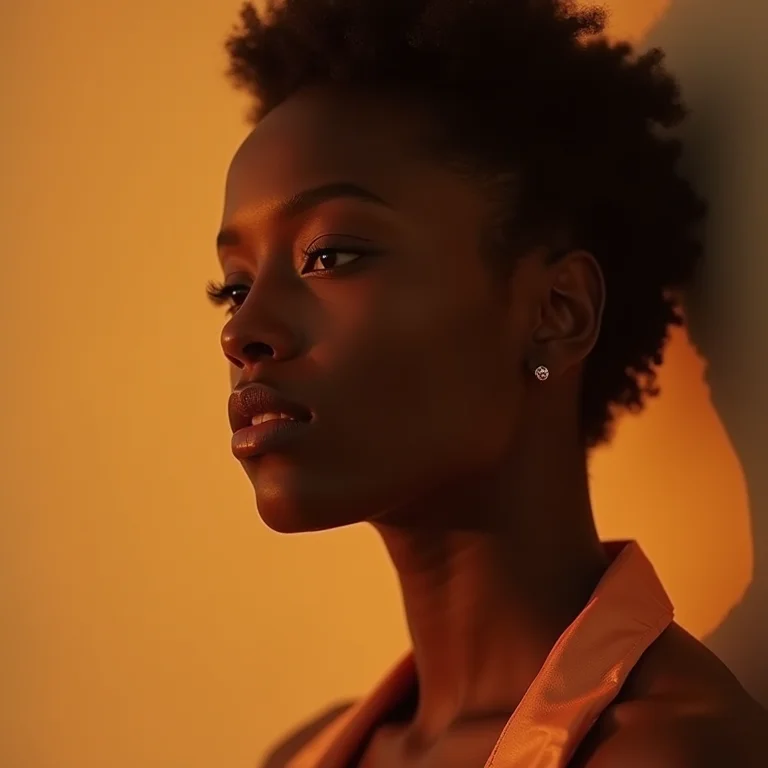 Mulher negra Gen Z com pele radiante, usando pijama de seda.