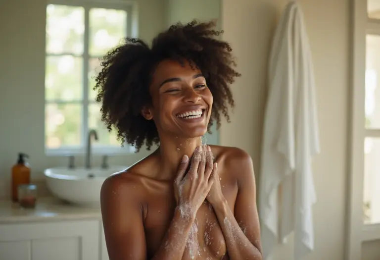 Mulher negra jovem aplicando body splash no pescoço