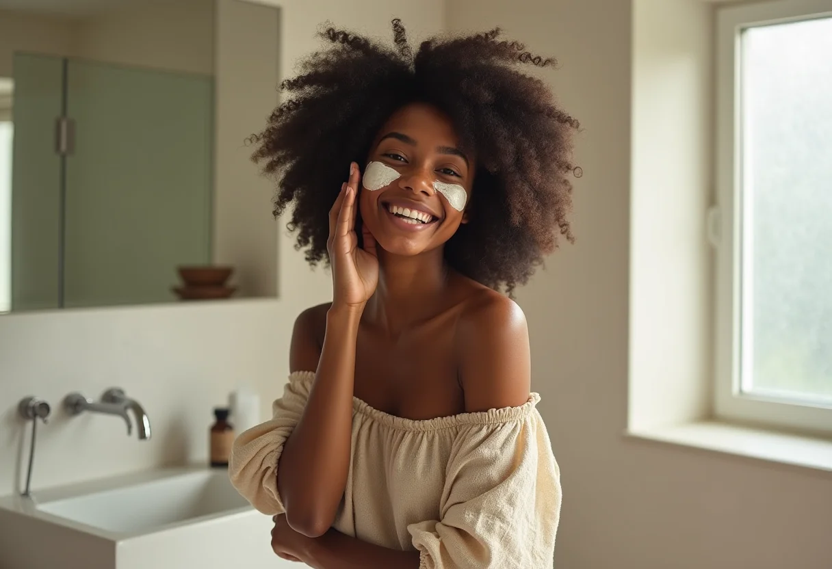 Hidratação com maizena: cabelo de salão em casa e sem gastar Mulher negra jovem aplicando máscara de maizena caseira no cabelo.