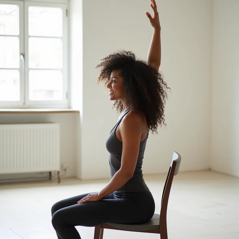 Mulher negra jovem praticando alongamento lateral sentado com cadeira