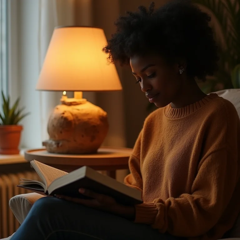 Mulher negra lendo ao lado de luminária de mesa DIY feita com tronco de madeira